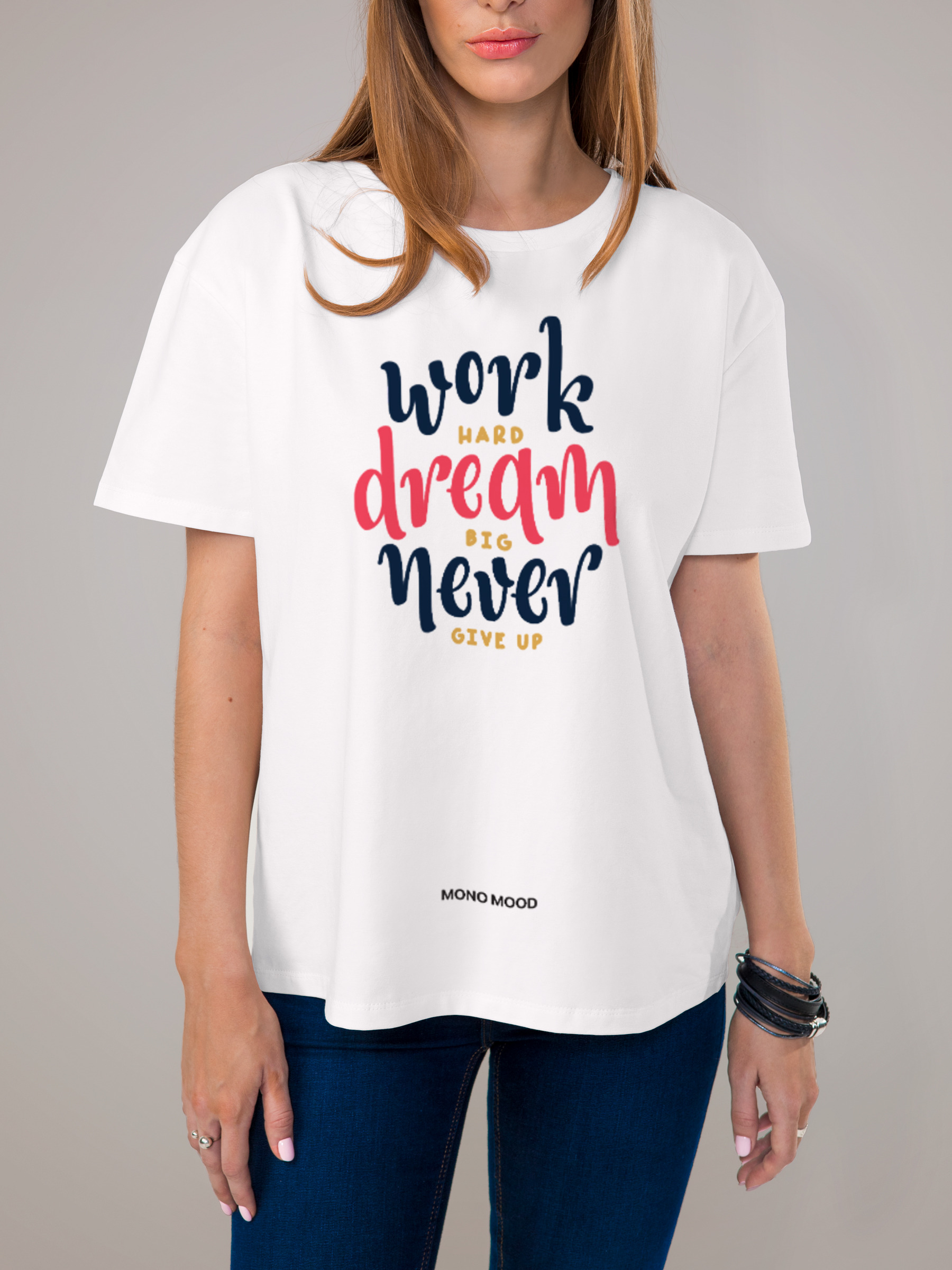 Футболка женская с принтом Work Hard, Dream Big